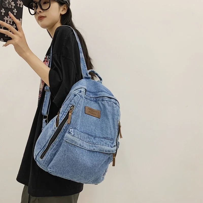 Student Denim Fashion Backpacks Zipper Bookbag Multi Pockets Large School Bag