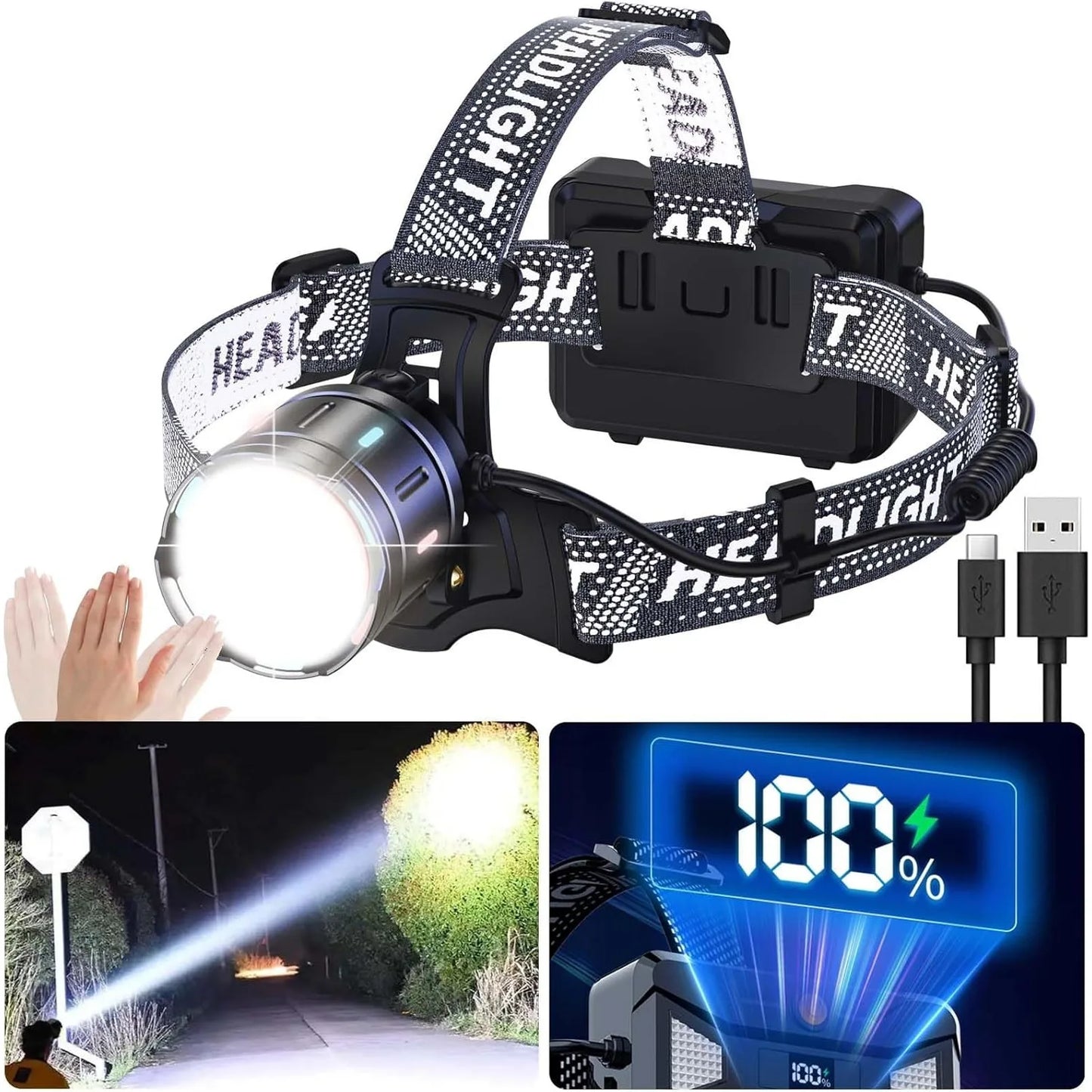 2pcs Ultra-Bright Rechargeable LED Headlamps for Adults - Super Bright, Zoomable, Long Beam with Motion Sensor & Power Indicator