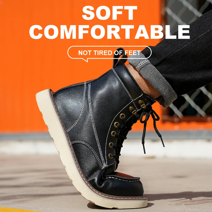 Leather High Top Work Safety Shoes Men Anti Puncture