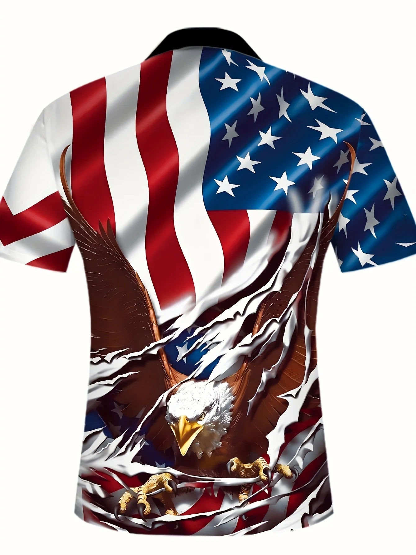 Men's American Flag Pattern Printed Short-Sleeved Lapel Golf Shirt, Casual Style Slightly Stretchy Regular Version Summer Top, S