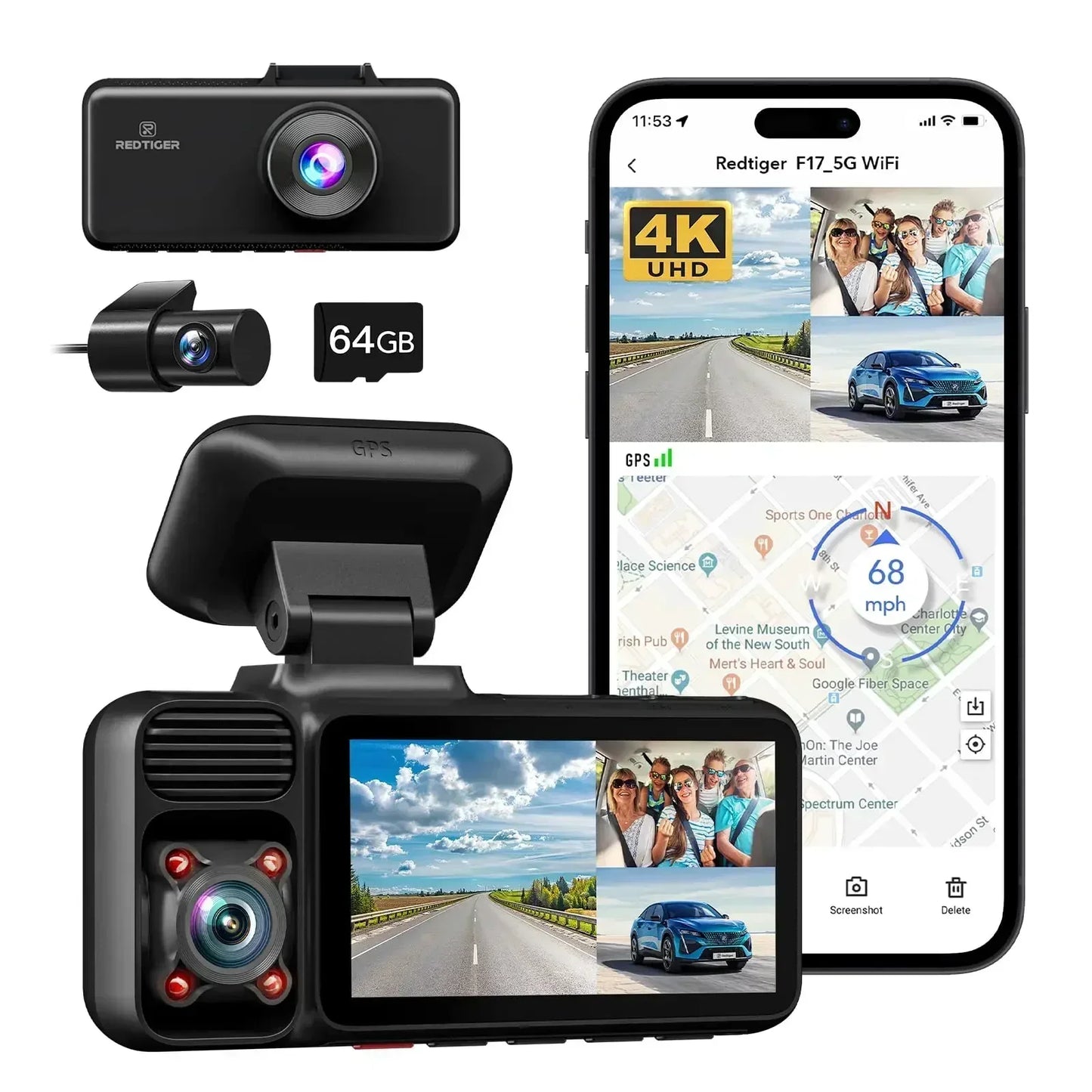 REDTIGER 3 Channel Car Camera 4K Dash Cam with GPS WDR