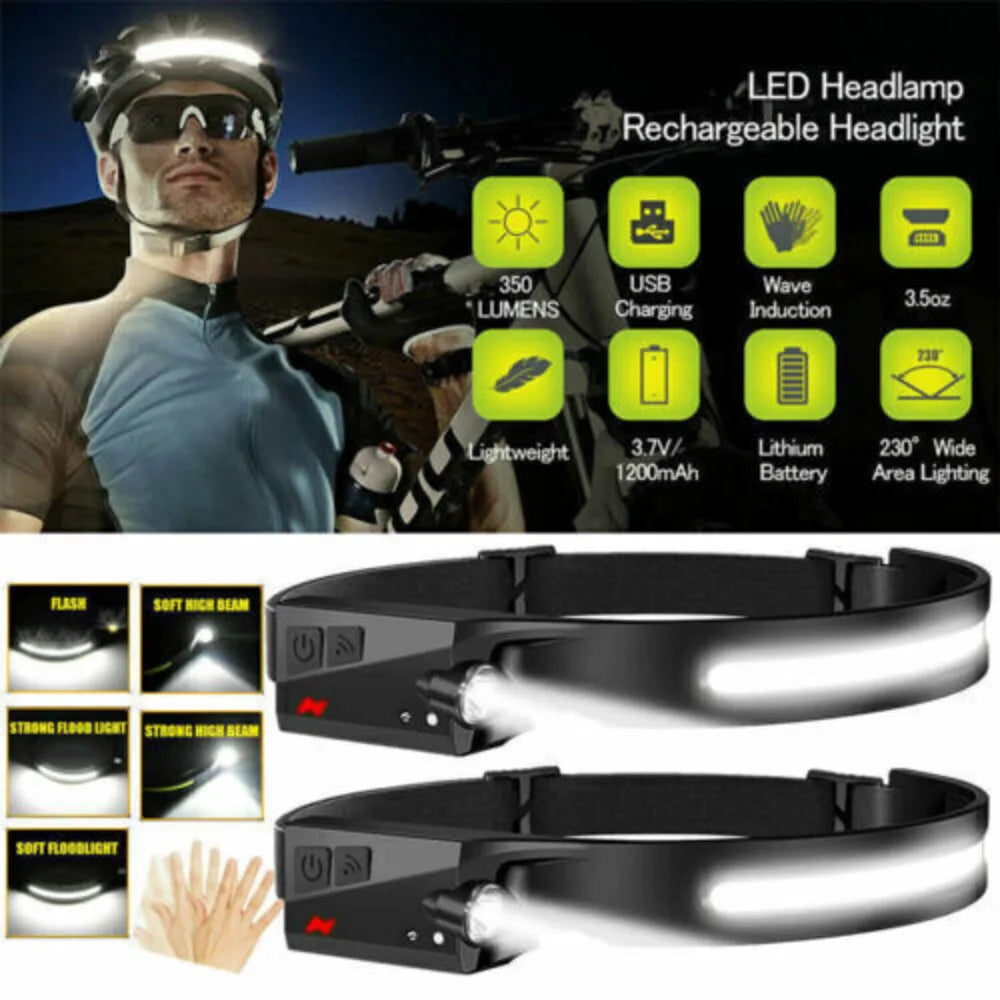 2PCS COB LED Headlamp Headlight Torch Work Light Bar Head Band Lamp USB Charging