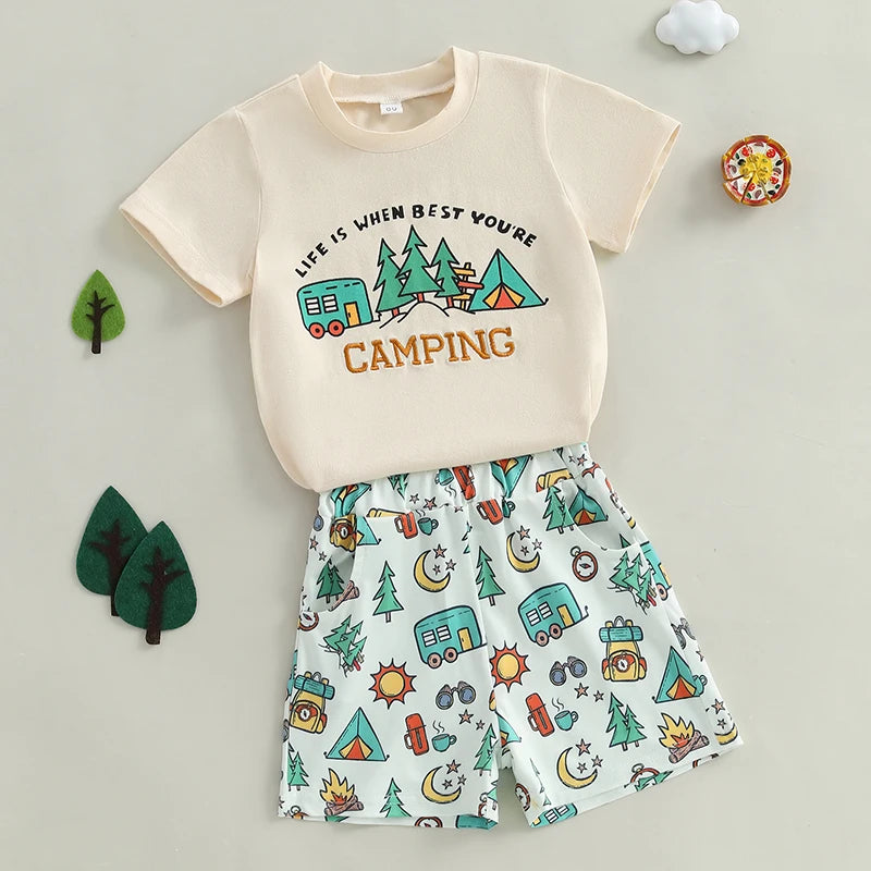 Boys Summer Outfits with Fun Camping Theme Embroidery Short Sleeve T-Shirts and Elastic Waist Shorts for a Stylish 2-Piece Set