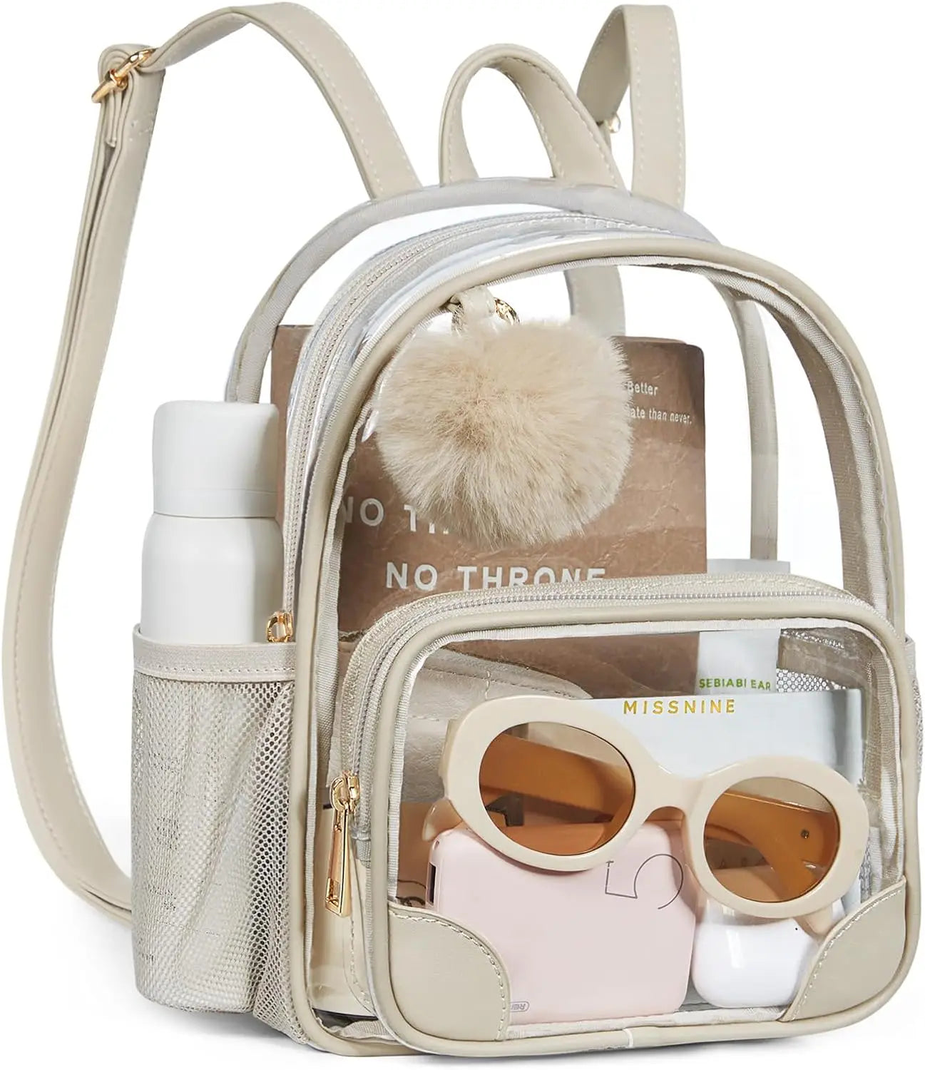 Anti-theft Clear Backpack, Small Mini Clear Bag for Sport Event Concert with Cute Fur Ball