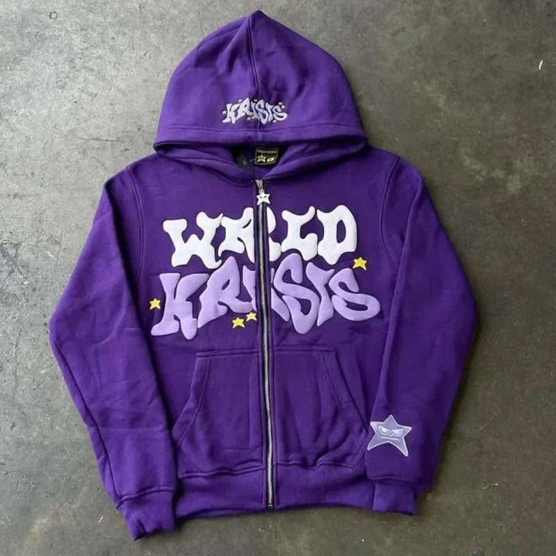 Diversified Y2k Trendy Zipper Hoodie Stars Big Letters Printed