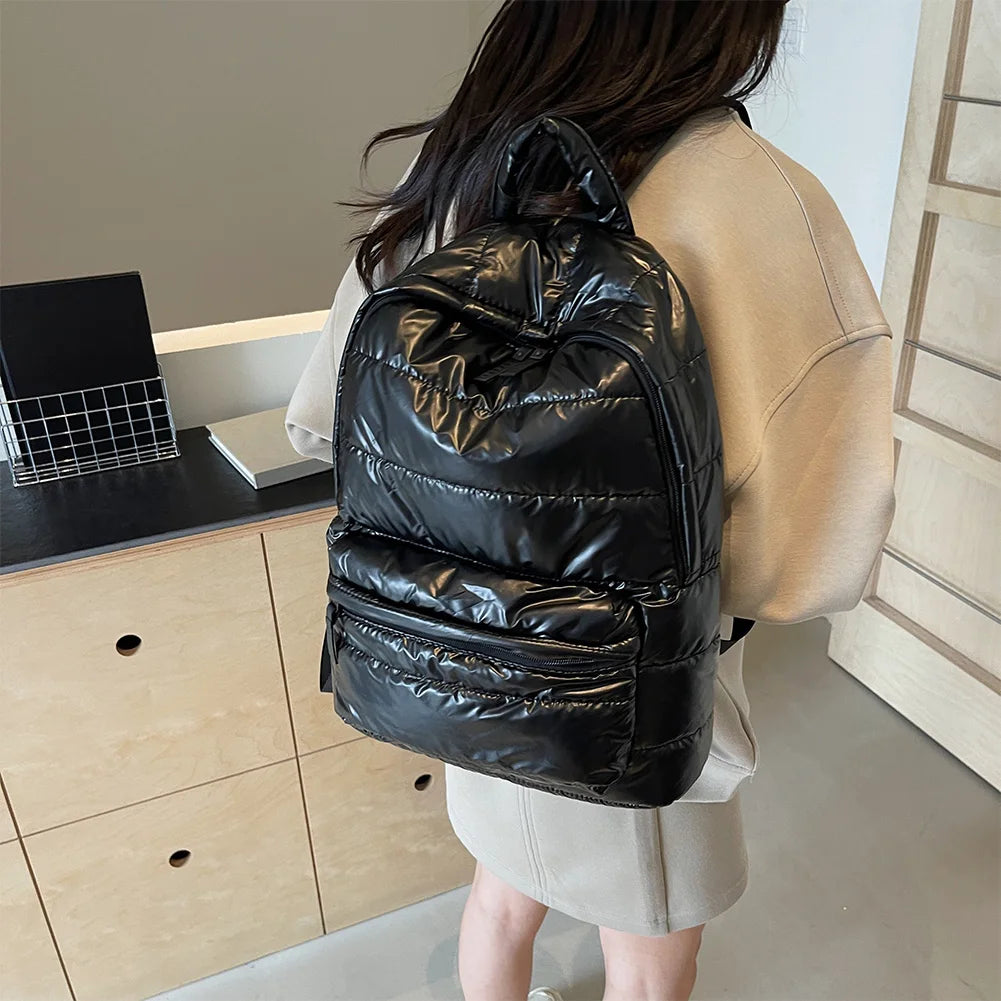 Solid Down Knapsack Large Capacity Quilted Backpack Teen Student Schoolbag Multi-pocket Rucksack Puffer Cotton Versatile Bookbag