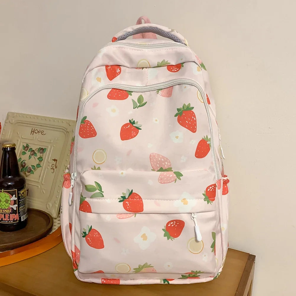 Women Strawberry Pattern Backpack Adjustable Strap Strawberry School Backpack Large Capacity Students Daily Backpack