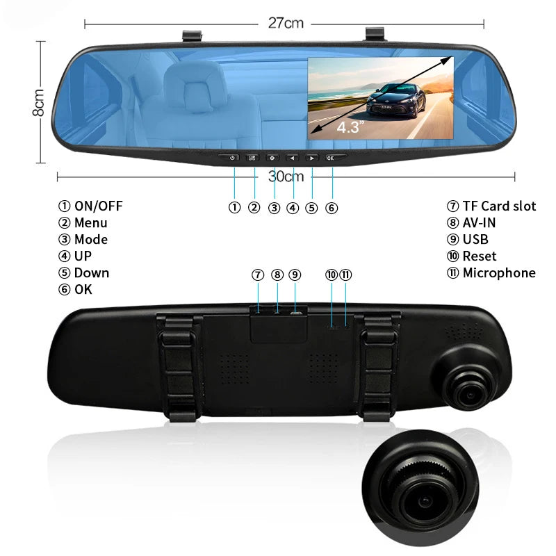 E-ACE Dash Cam 4.3 Inches Car DVR Rearview Mirror Recorder