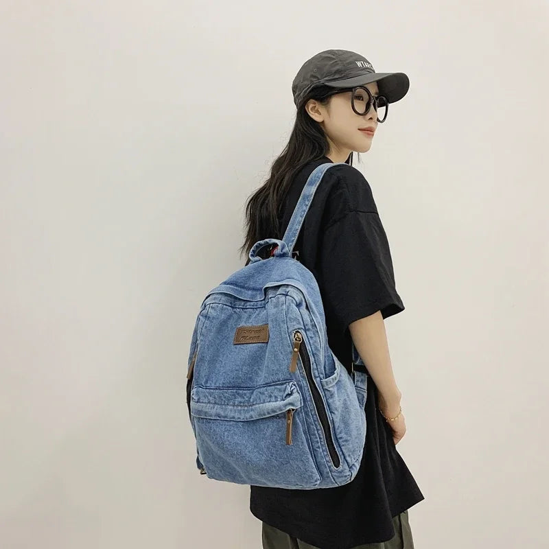 Student Denim Fashion Backpacks Zipper Bookbag Multi Pockets Large School Bag