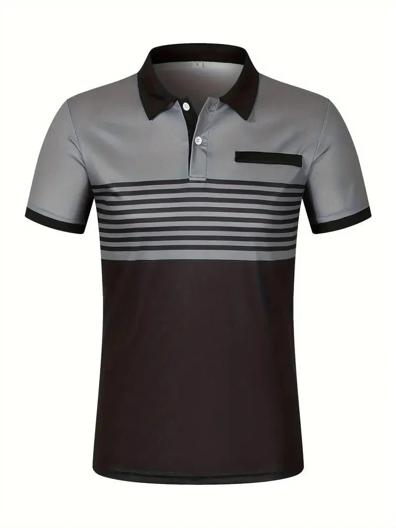 2024 short sleeved summer new item, men's casual polo shirt, V-neck button striped color blocked versatile T-shirt top