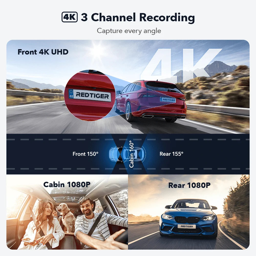 REDTIGER 3 Channel Car Camera 4K Dash Cam with GPS WDR