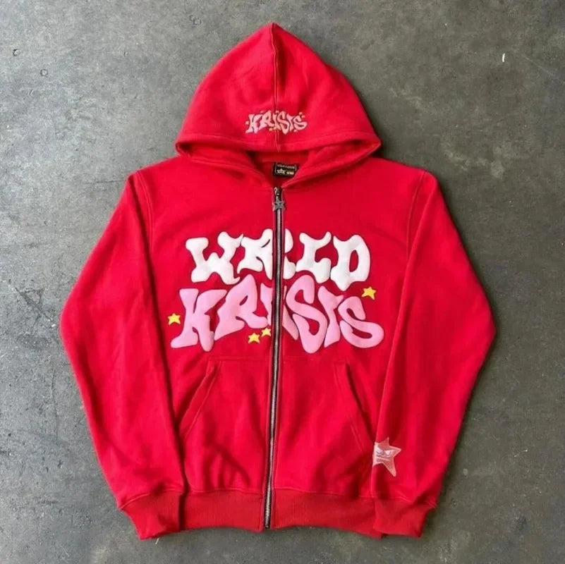 Diversified Y2k Trendy Zipper Hoodie Stars Big Letters Printed