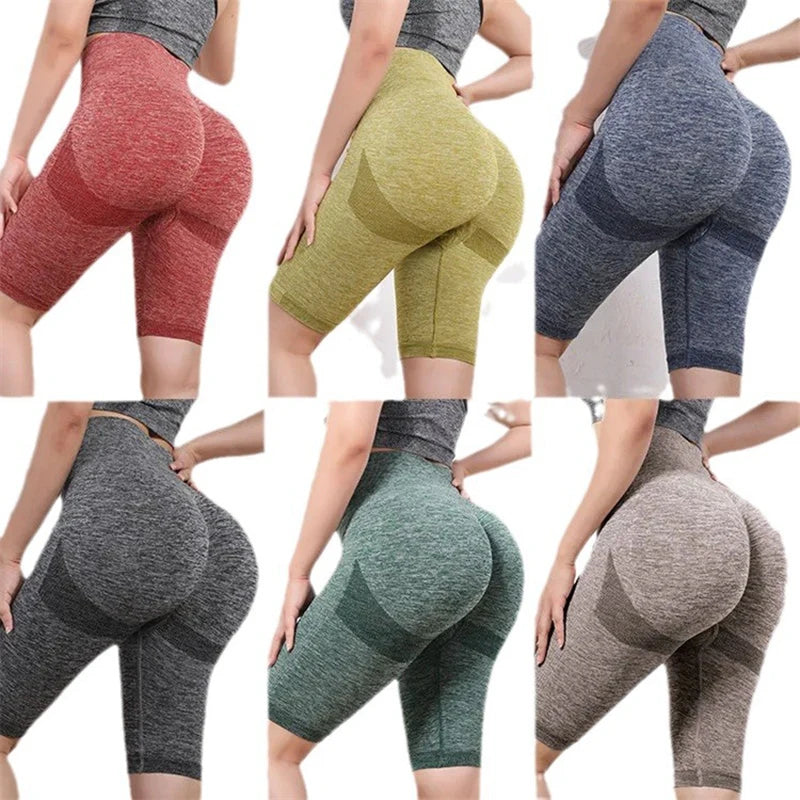 Women Elastic Yoga Shorts High Waist Tummy Control Ruched Booty Pants Seamless Butt Lifting Gym Workout Compression Tights