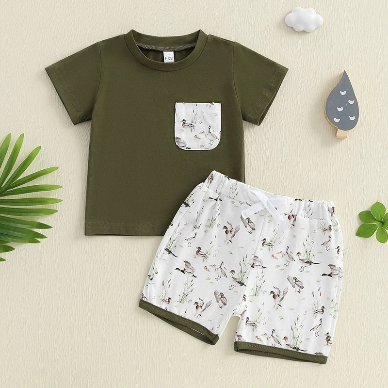 Boys Summer Outfit Sets with Short Sleeve O Neck Tops and Cute Duck Print Drawstring Shorts - Casual and Comfortable Summer