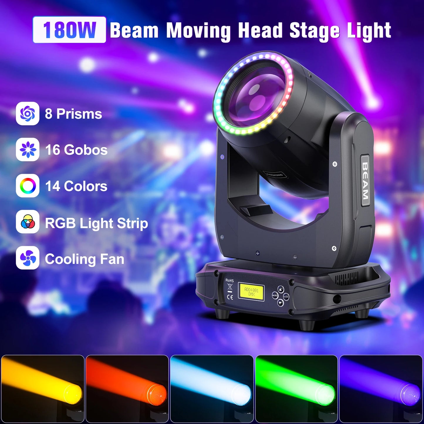 U`King 180W Moving Head Light RGB 3IN1 LED Rainbow Lighting Effect 8 Prisms Stage Lights DMX512 Sound Activated For DJ Disco KTV