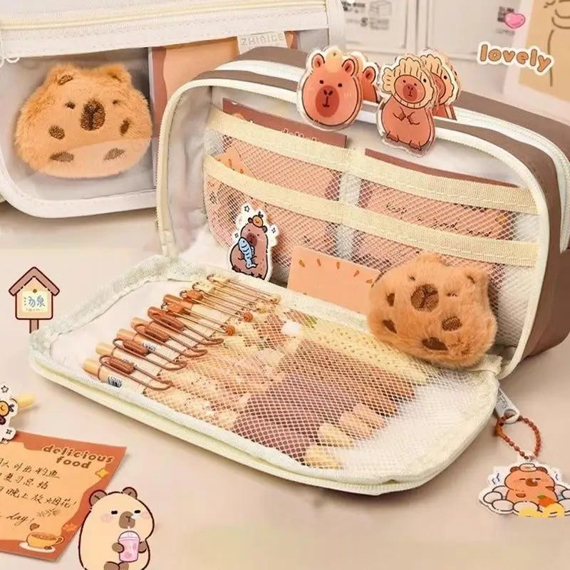 Cute Capybara Fabric Pencil Case 9-Layer Large Capacity Animal Zipper Kids Bag kids Boys Girls School Case Supplies