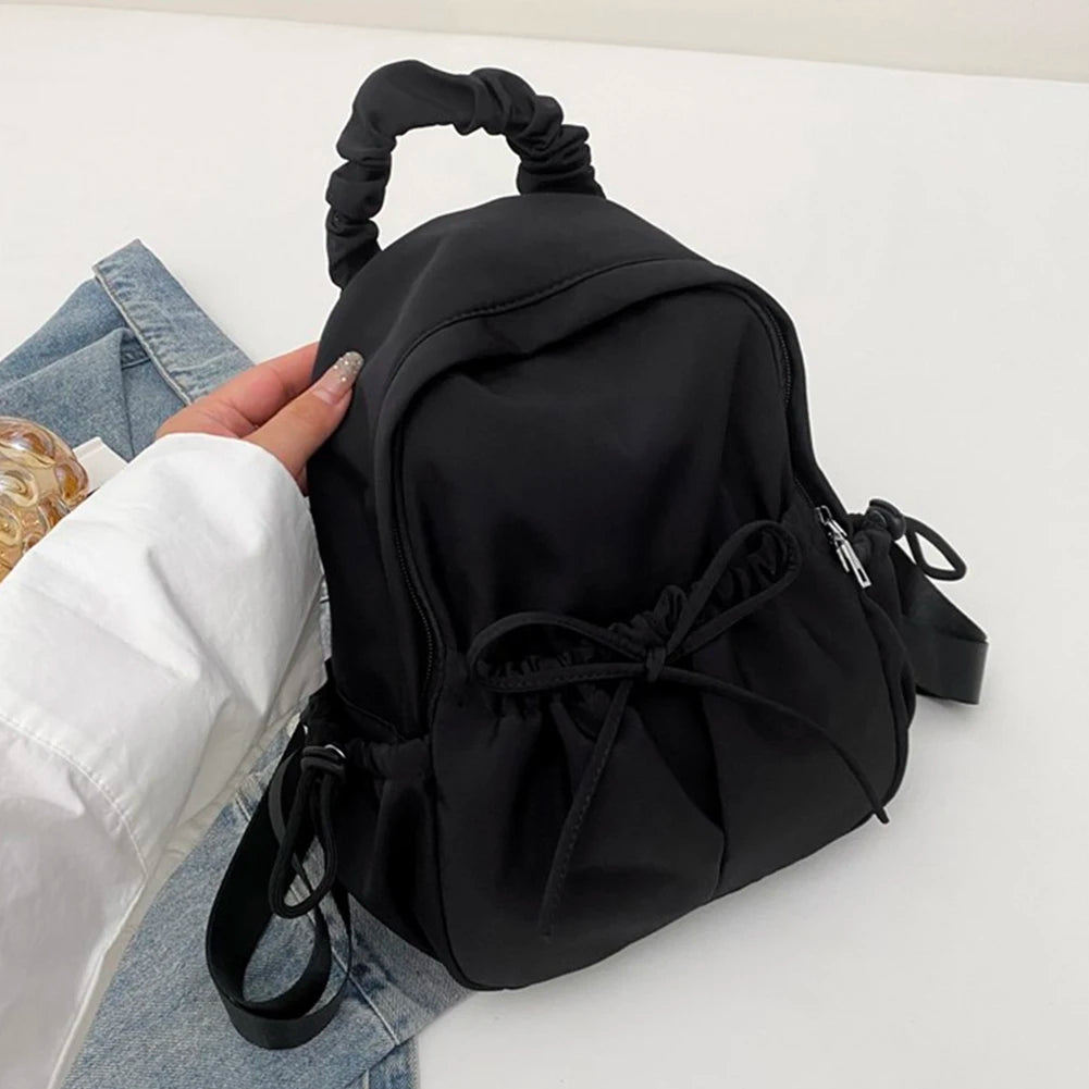 Women Pleated Book Schoolbag Solid Color Simple Student Backpack Large Capacity Travel Backpack Students Daily Backpack