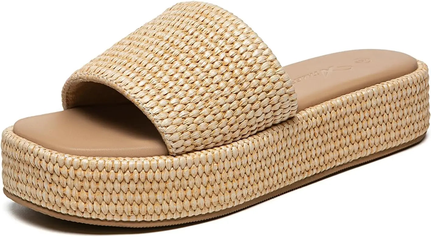 Athlefit Women's Platform Raffia Sandals Comfortable Open Toe Slip On Beach Slides Sandals for Summer Casual