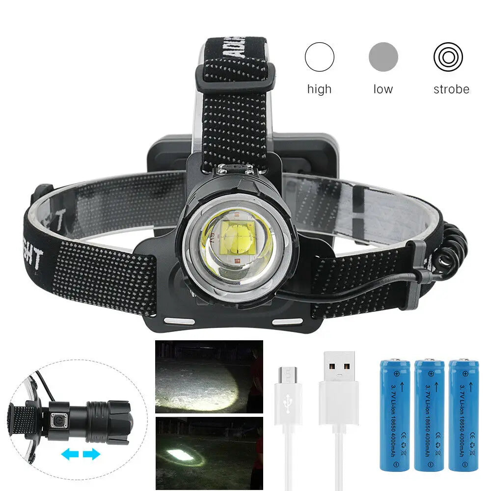990000LM LED Headlamp Zoom USB Rechargeable Headlight Torch Light Lamp