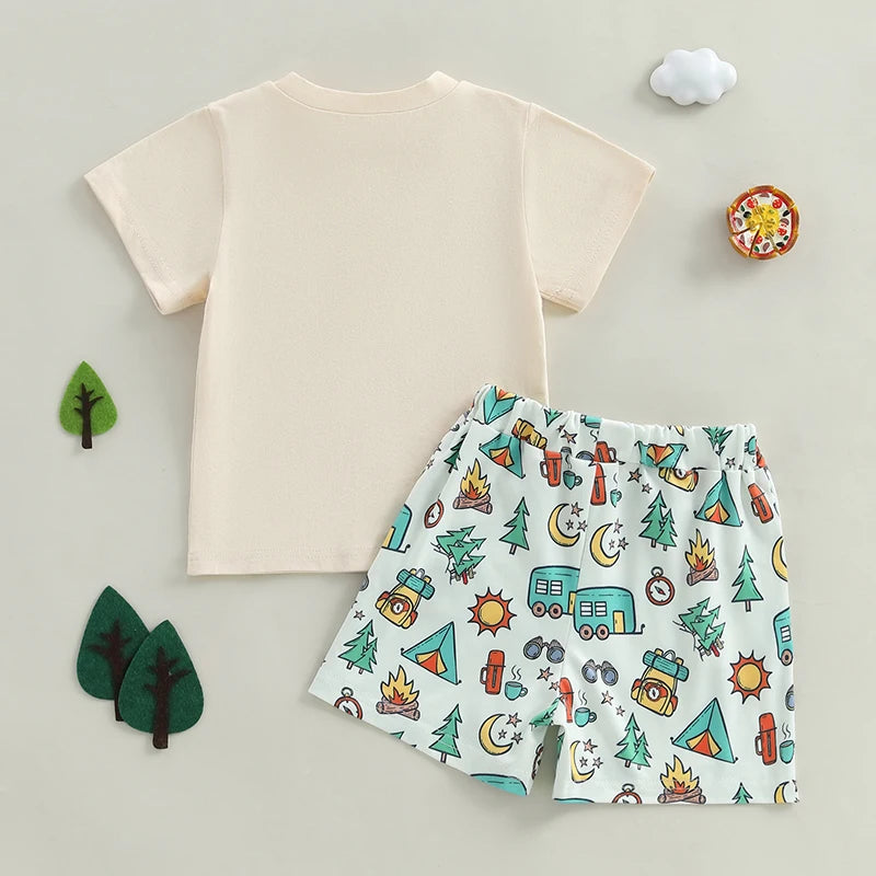 Boys Summer Outfits with Fun Camping Theme Embroidery Short Sleeve T-Shirts and Elastic Waist Shorts for a Stylish 2-Piece Set
