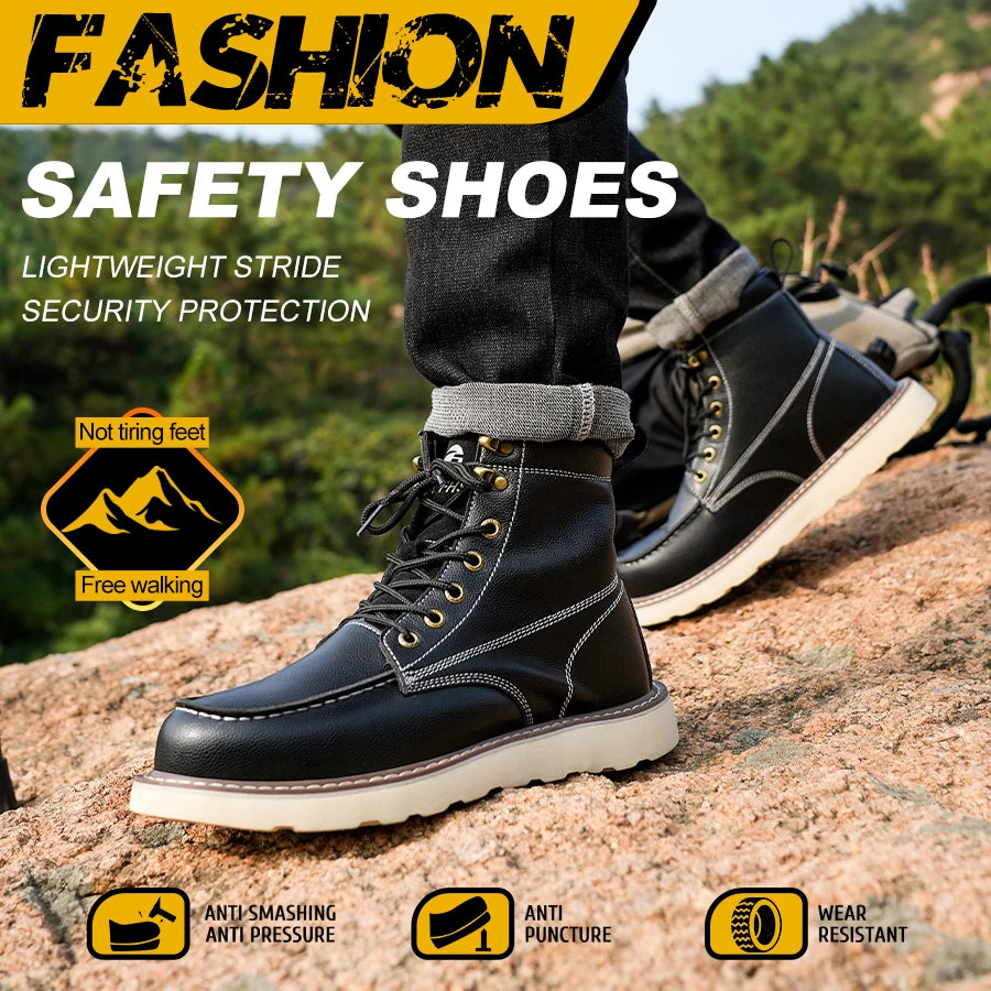 Leather High Top Work Safety Shoes Men Anti Puncture