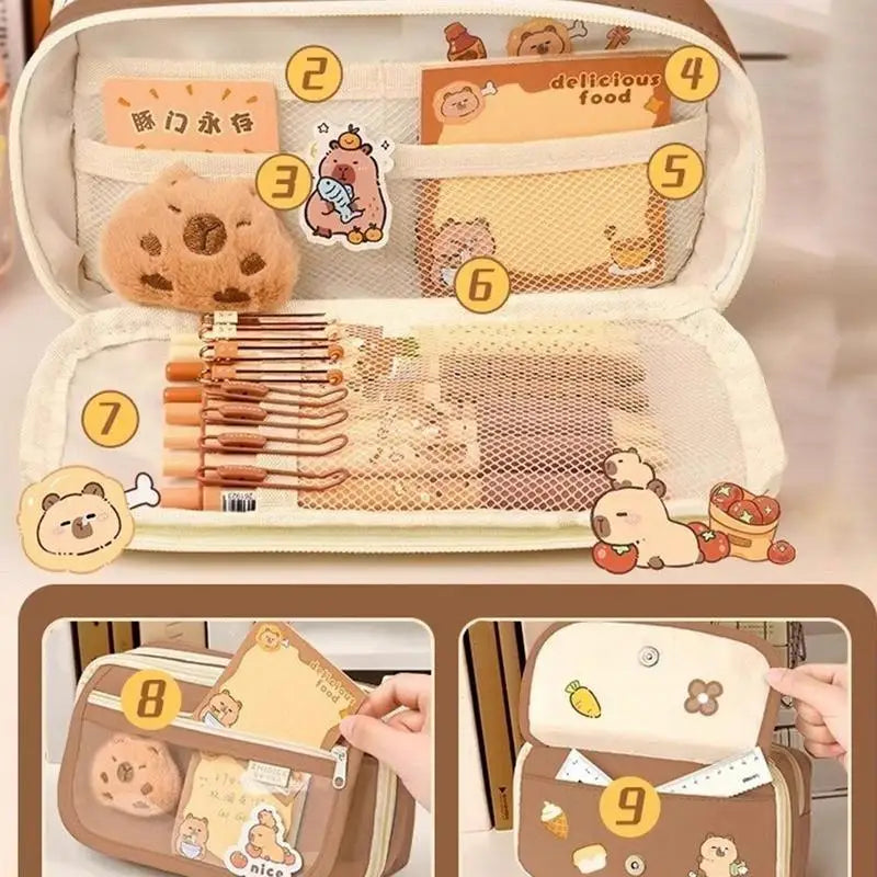 Cute Capybara Fabric Pencil Case 9-Layer Large Capacity Animal Zipper Kids Bag kids Boys Girls School Case Supplies