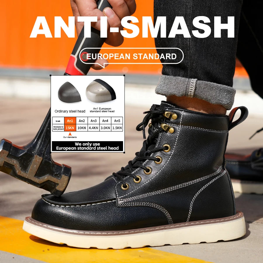 Leather High Top Work Safety Shoes Men Anti Puncture