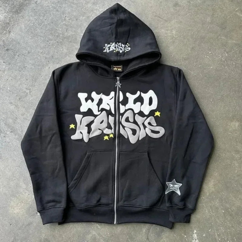 Diversified Y2k Trendy Zipper Hoodie Stars Big Letters Printed