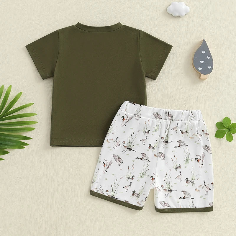 Boys Summer Outfit Sets with Short Sleeve O Neck Tops and Cute Duck Print Drawstring Shorts - Casual and Comfortable Summer