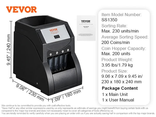 VEVOR 230/300 Coins/Min USD Coin Sorter Counter Professional Electric Automatic Machine LED Display for School Shop Bank Black