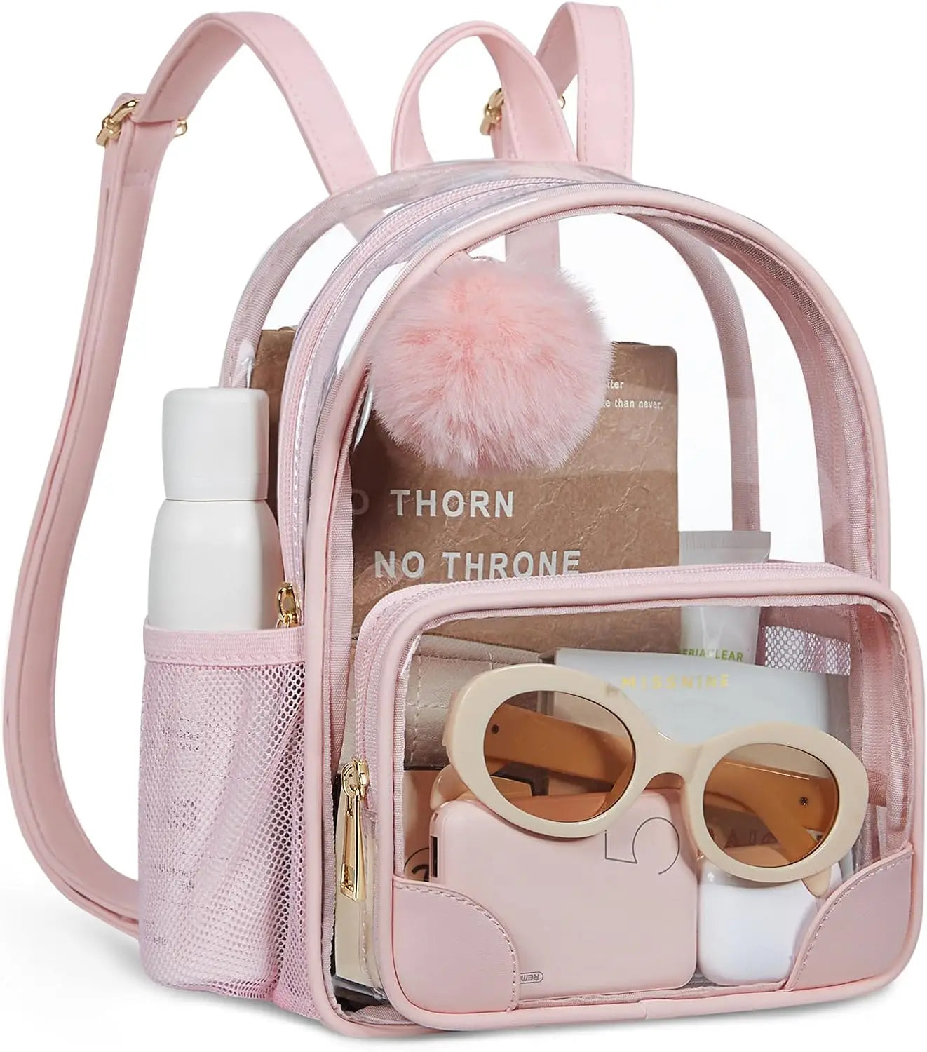 Anti-theft Clear Backpack, Small Mini Clear Bag for Sport Event Concert with Cute Fur Ball
