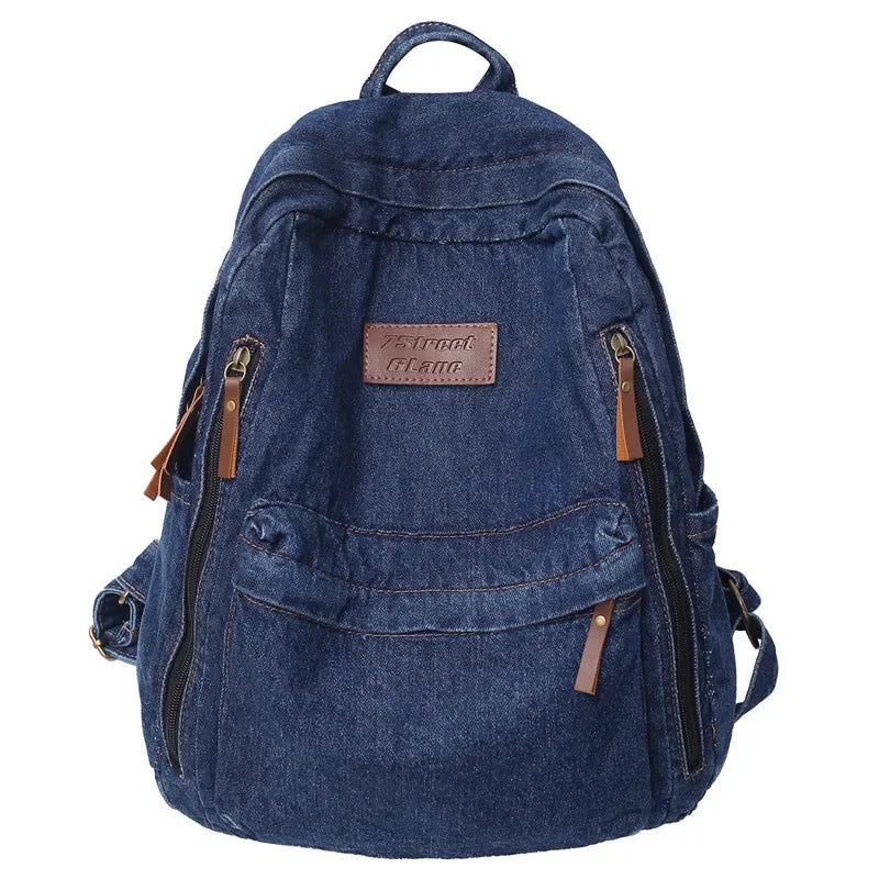 Student Denim Fashion Backpacks Zipper Bookbag Multi Pockets Large School Bag