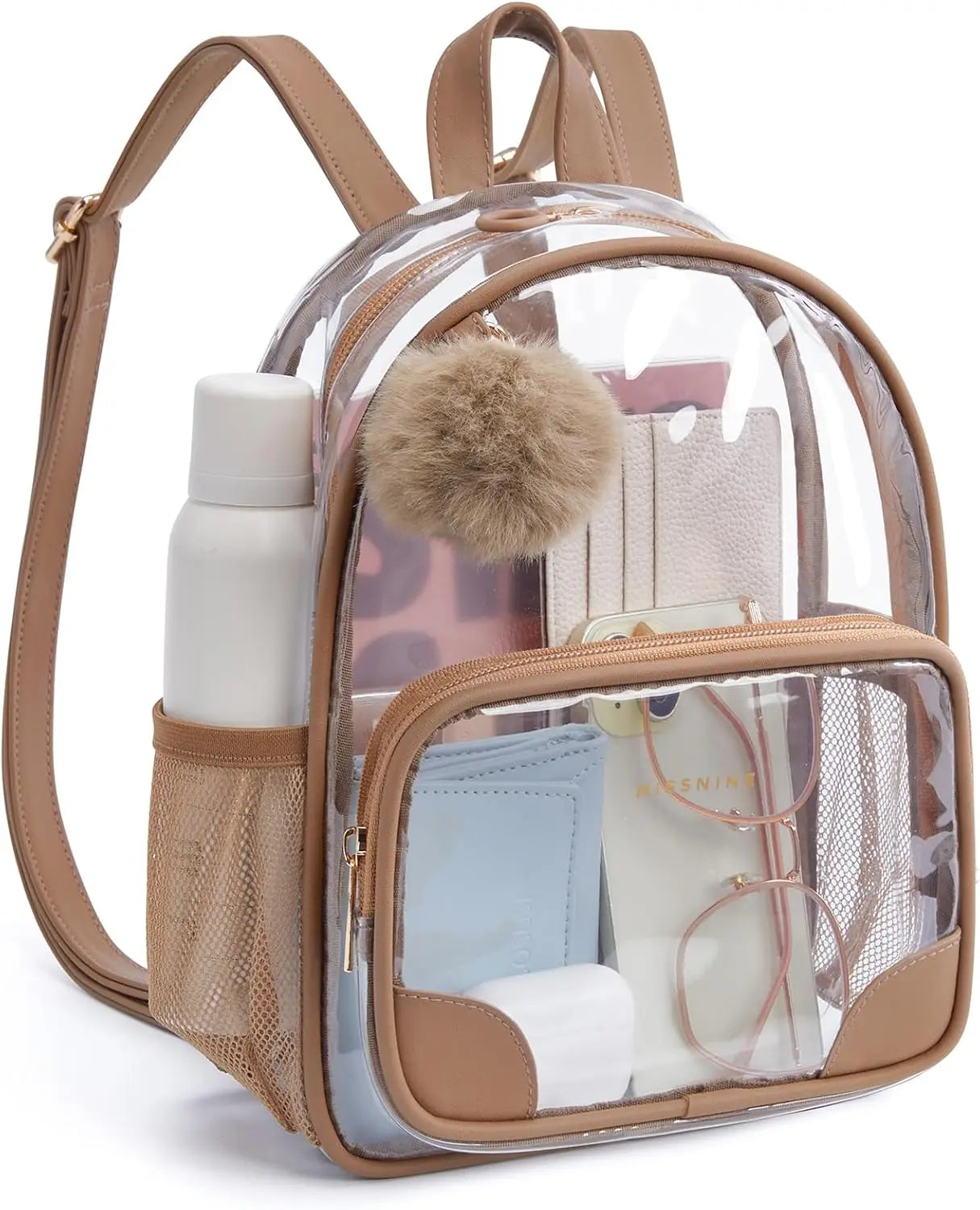 Anti-theft Clear Backpack, Small Mini Clear Bag for Sport Event Concert with Cute Fur Ball