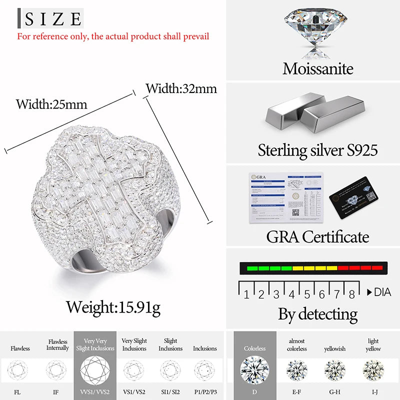 Unisex Baguette Moissanite Cross Rings S925 Jewelry