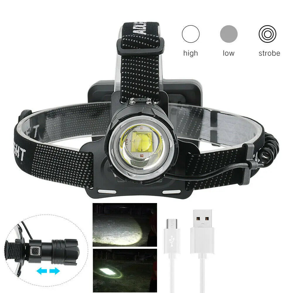 990000LM LED Headlamp Zoom USB Rechargeable Headlight Torch Light Lamp
