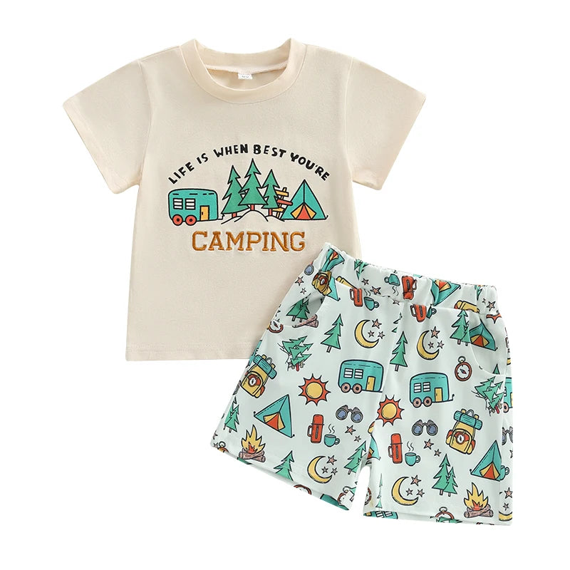Boys Summer Outfits with Fun Camping Theme Embroidery Short Sleeve T-Shirts and Elastic Waist Shorts for a Stylish 2-Piece Set