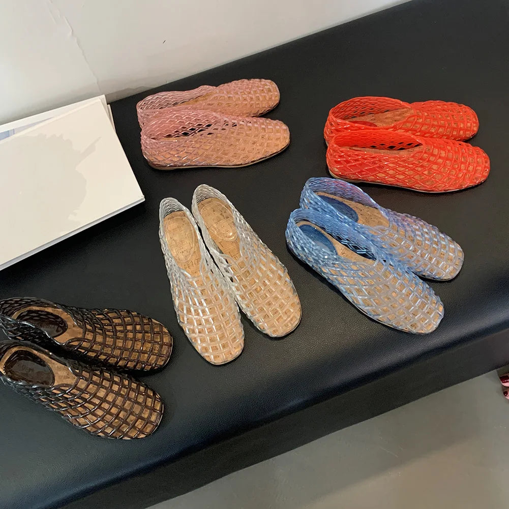 Women Jelly Flats Fashion Slip-On Flats Lightweight Hollow Out Ballet Flats Breathable Beach Jelly Shoes for Summer Beach