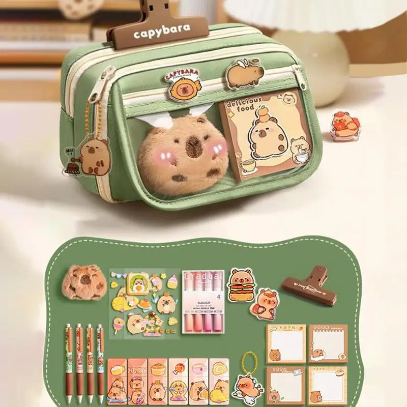 Cute Capybara Fabric Pencil Case 9-Layer Large Capacity Animal Zipper Kids Bag kids Boys Girls School Case Supplies