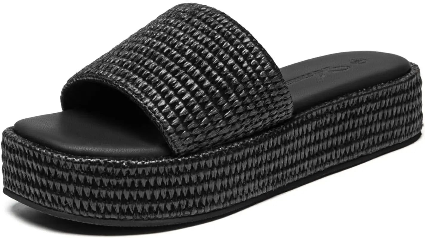 Athlefit Women's Platform Raffia Sandals Comfortable Open Toe Slip On Beach Slides Sandals for Summer Casual