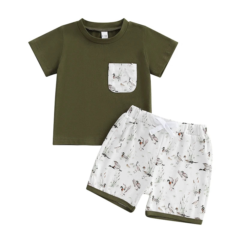 Boys Summer Outfit Sets with Short Sleeve O Neck Tops and Cute Duck Print Drawstring Shorts - Casual and Comfortable Summer