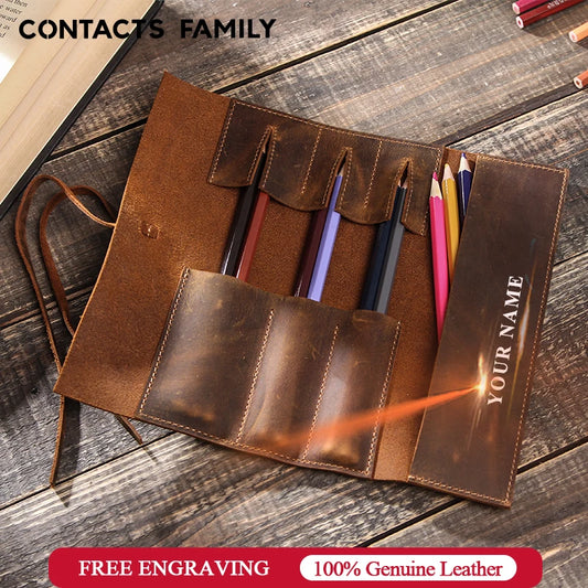 Genuine Leather Retro Luxury Pencil Roll Up Bag Pencil Case Storage Pouch Holder Boys Girls Student Stationery School Supplies
