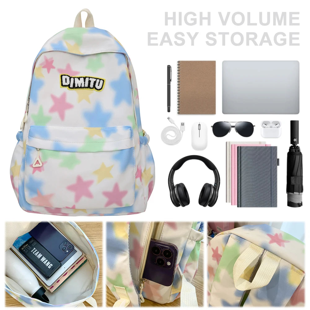 Women Large Capacity Laptop Daypack Nylon Kawaii Star Backpack Preppy with Zipper Knapsack for Hiking Travel Work