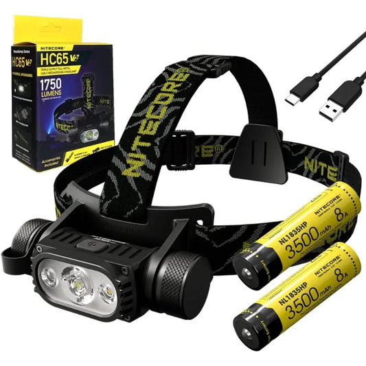 Nitecore HC65 v2 Powerful headlamp 1700 Lumen with Eco-Sensa TypeC USB Cable (+ 1x Extra NL1835HP Battery)