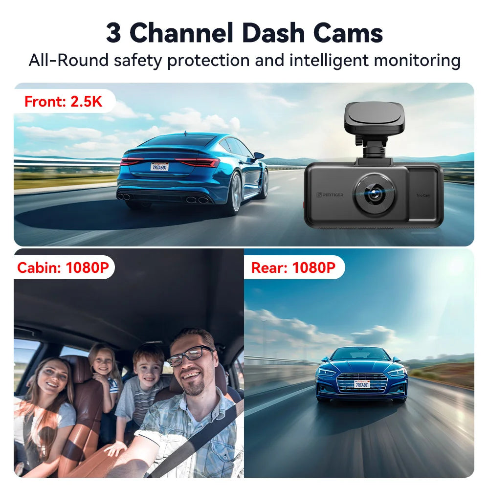 REDTIGER A6 4K Dash Cam WiFi GPS Night Vision 3 Cameras