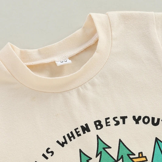 Boys Summer Outfits with Fun Camping Theme Embroidery Short Sleeve T-Shirts and Elastic Waist Shorts for a Stylish 2-Piece Set