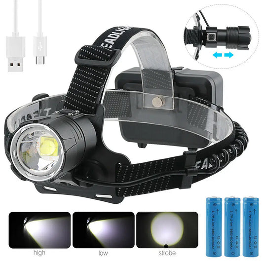 990000LM LED Headlamp Zoom USB Rechargeable Headlight Torch Light Lamp