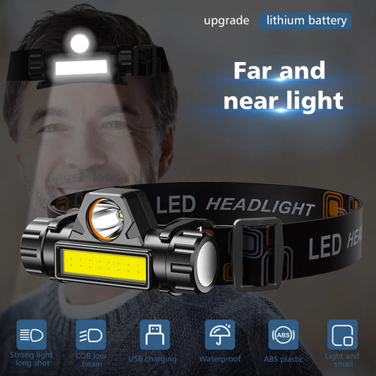 2PCS 990W COB LED Mini Headlamp USB Fast Flash Charging Powerful Flashlight Rechargeable Headlight for Camping Hiking