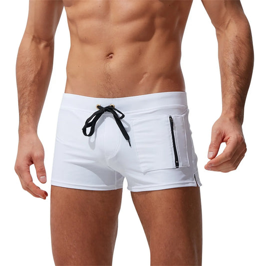 Swimming Trunks Mens Swim Boxer Briefs Swimwear Young Man Swimsuit Beach Wear Surfing Bathing Suit Zipper Pocket Shorts
