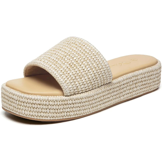 Athlefit Women's Platform Raffia Sandals Comfortable Open Toe Slip On Beach Slides Sandals for Summer Casual
