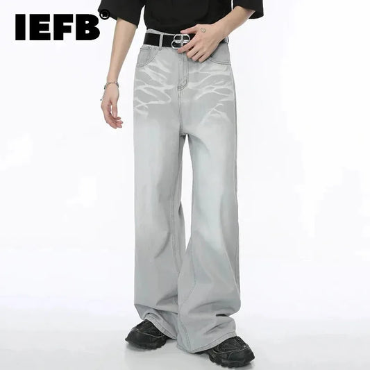 IEFB Straight Male Jeans Vintage Men's Denim Pants Tie-dyed Design